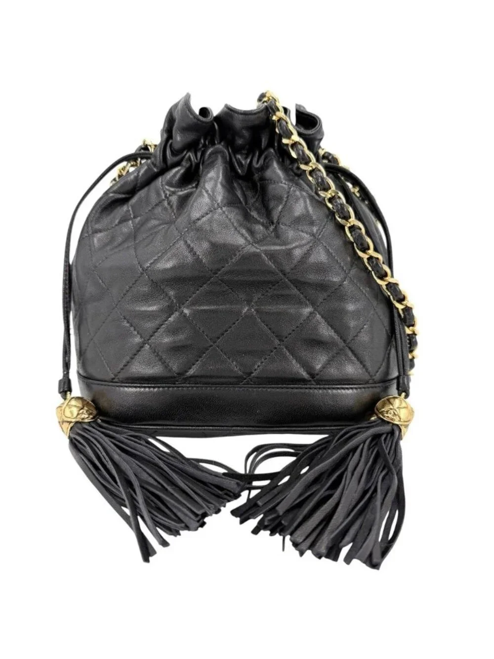 Chanel Shoulder Bag Quilted Drawstring Chain Crossbody Pochette CC Logo Fringe